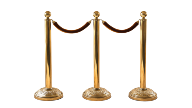 Golden stanchions with red velvet rope forming a barrier on transparent background