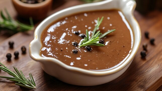 A close up of thick, glossy brown gravy in a delicate porcelain gravy boat, surrounded by fresh rosemary and black peppercorns