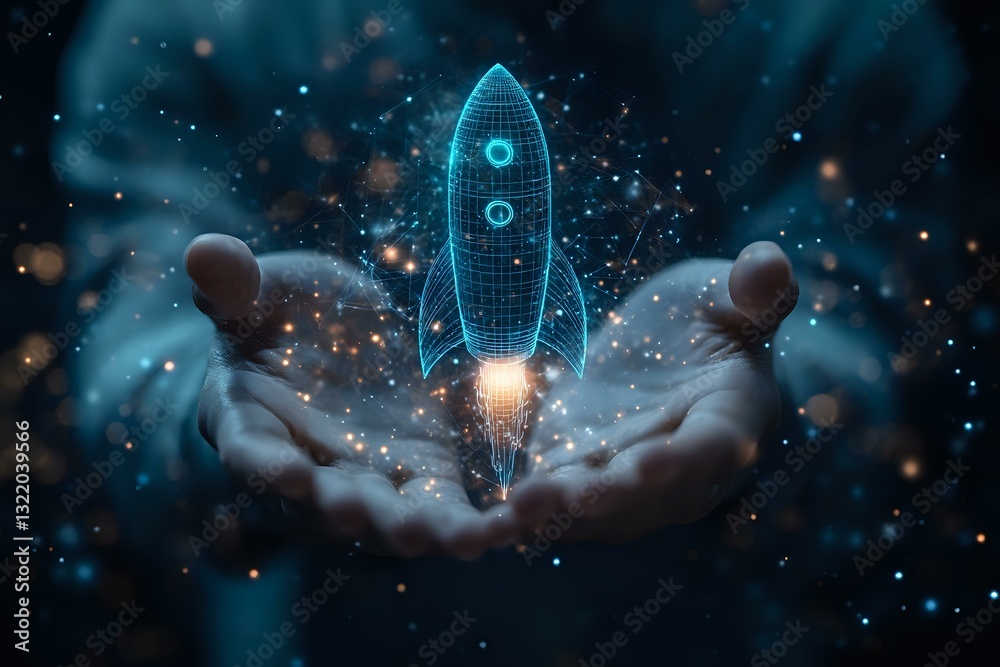 Poster glowing blue rocket hologram floating above open palms against dark background with magical sparkles