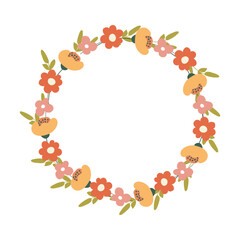 Delicate floral wreath frame with hand-drawn pastel flowers and lush green leaves. Perfect for elegant flyers, wedding invitations, greeting cards,