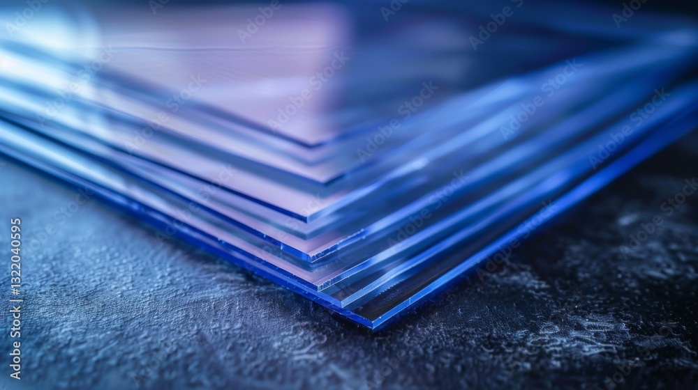 Poster transparent acrylic sheets are stacked in neat layers on a dark, textured surface, showcasing their 