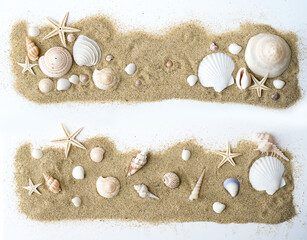 Top view of a sand with exotic seashells and starfish as natural textured background for aesthetic summer design. Beach-inspired mix of sand, shells, and stones, ideal for nature and travel visuals