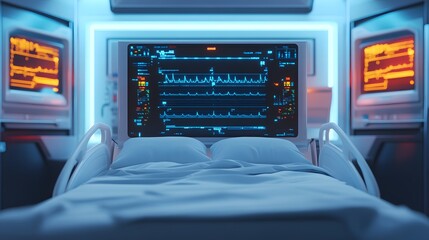 Advanced AI Integrated Smart Hospital Room with Futuristic Medical Technology and Patient Monitoring Displays