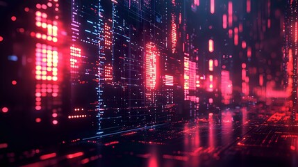Fototapeta premium Futuristic digital landscape with glowing red neon grid lines and particles creating cyberpunk atmosphere against dark background, reflective surface adds depth.