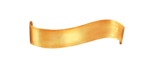 Watercolor holiday golden ribbon banner illustration isolated background. Decorative waving glossy yellow border with empty space for text. Element for promotion decor, celebrate events