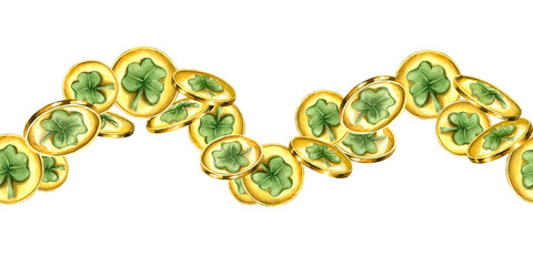 Watercolor golden coins wavy seamless banner isolated background. St Patrick day gold shamrock money pattern. Holiday ornate illustration for decorative festive textile, wrapping paper design