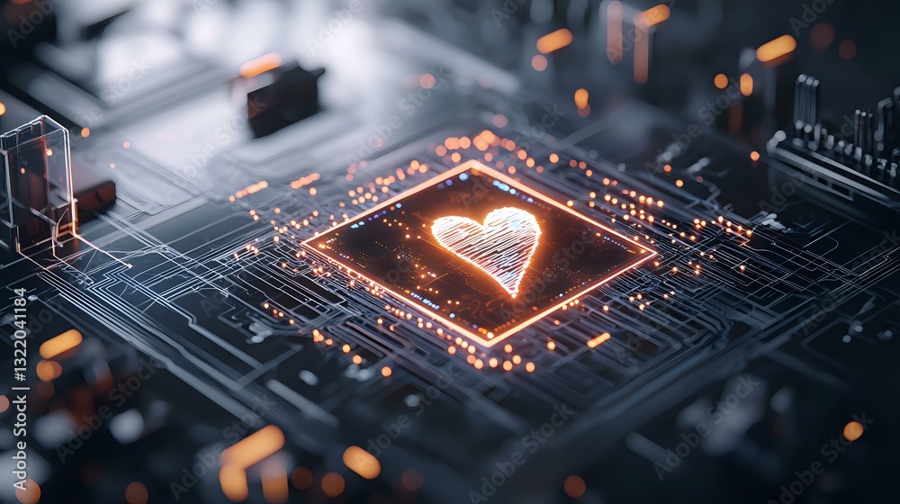 Poster glowing heart symbol on computer processor chip with orange light effects and circuit paths, represe