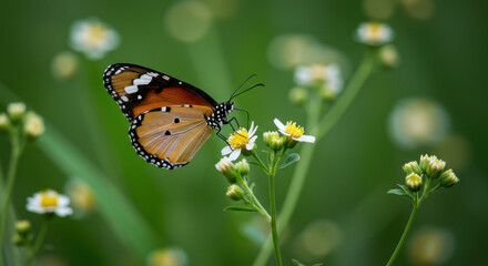 Obraz premium Monarch's Kiss: Butterfly Sipping Nectar from Delicate Wildflowers - Nature's Beauty Unveiled!