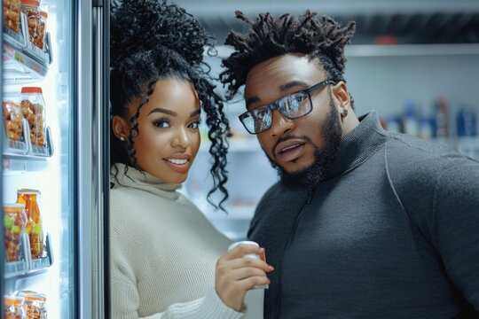 A couple smiles together in a modern kitchen, showcasing their love for cooking