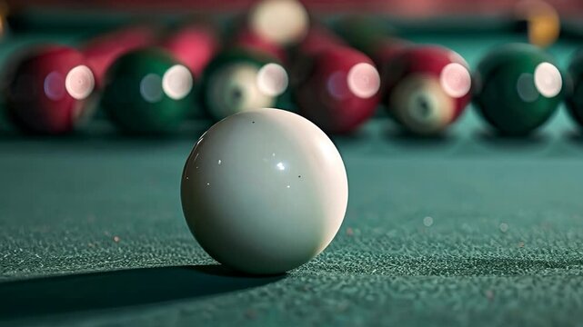 Players focus intently on the pool game, lined up balls in vibrant colors creating an engaging atmosphere in a crowded venue