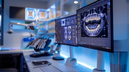In a modern dental clinic, two computer monitors display detailed digital x rays of a patient's teeth, highlighting advanced technology in dentistry for diagnosis and treatment planning.