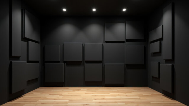 A spacious room with black acoustic foam on the walls, perfect for soundproofing or audio recording.