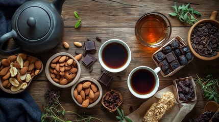 arranged flat lay composition featuring artisan coffee and premium loose-leaf tea,