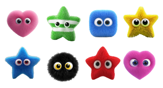 Cute Furry fluffy Cartoon Characters with Big Eyes in Various Shapes