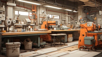 Naklejka premium Dynamic workshop scene robots collaborating in a bright, efficient environment exuding confidence