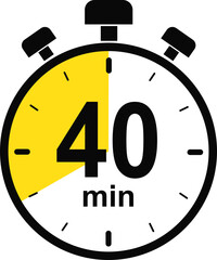 Stopwatch and Timer icon. 40 minutes countdown timer sign. Cooking time vector. Countdown timer symbol isolated on transparent background. Deadline related icon. Vector illustration.