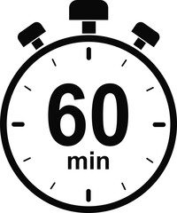 Stopwatch and Timer icon. 60 minutes countdown timer sign. Cooking time vector. Countdown timer symbol isolated on transparent background. Deadline related icon. Vector illustration.