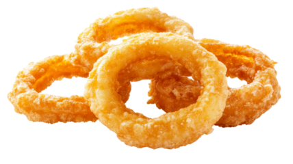 Delicious crispy onion rings stacked on transparent background