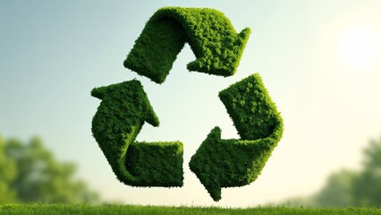 A green recycling symbol made out of grass on a grassy field.