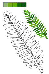Fototapeta premium Coloring page whit tropical leaf for coloring book about exotic plants. Contour, colorful sample, color palette. For preschool and early elementary school children, to kid enjoy jungle vibes