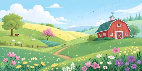 Rural Landscape with Red Barn and Grazing Sheep. Raster illustration 