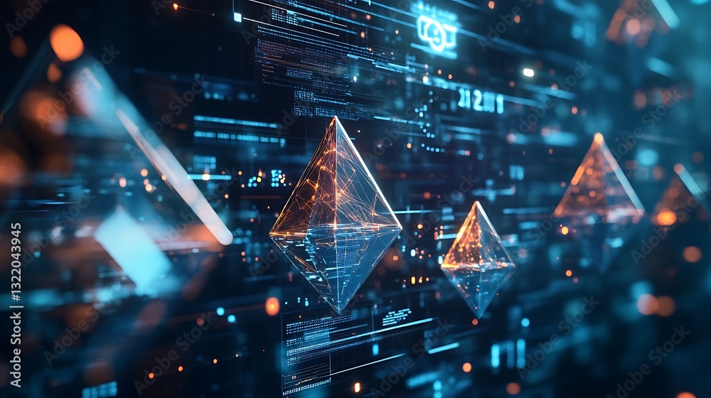 Poster a high-tech background with floating, transparent pyramids displaying interactive data points and gr