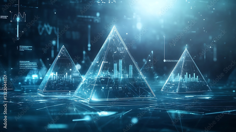 Poster a high-tech background with floating, transparent pyramids displaying interactive data points and gr