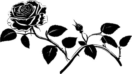 A vector illustration featuring a black silhouette of a rose, white background. Black and white rose silhouette design on white background.