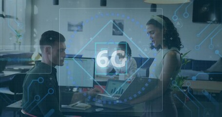 6G technology animation over diverse professionals collaborating in modern office - Powered by Adobe