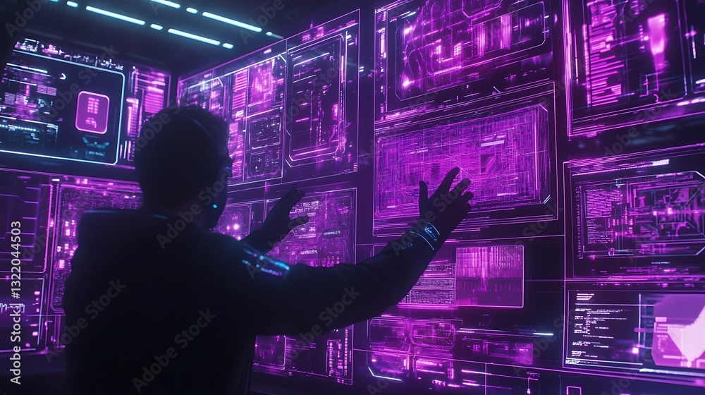 Poster a high-tech interface with multiple floating touchscreens and neon purple lines