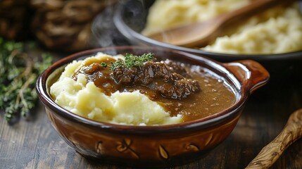 A vintage gravy boat filled with homestyle beef gravy, placed beside a steaming bowl of mashed potatoes, with a wooden spoon resting nearby