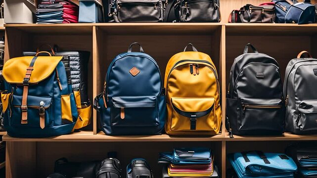 Backpacks in a school supplies store.