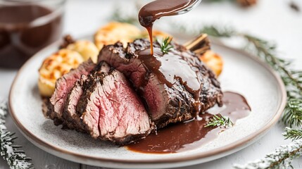 A winter-themed food styling, featuring a warm beef gravy drizzle over roast venison, with a snowy white plate backdrop