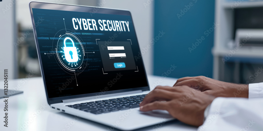 Poster cyber security system on computer screen protect private information brisk from hacker and cyber att