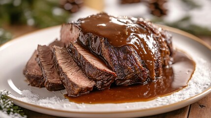 A winter-themed food styling, featuring a warm beef gravy drizzle over roast venison, with a snowy white plate backdrop