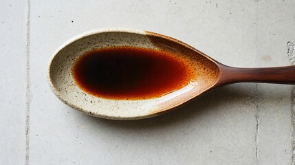 A zen-inspired minimalist gravy presentation, with a single brushstroke of deep umami sauce on a traditional Japanese ceramic dish