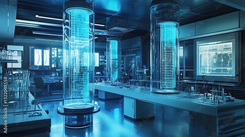 Poster a high-tech laboratory with floating, transparent tubes displaying scientific data and experiments