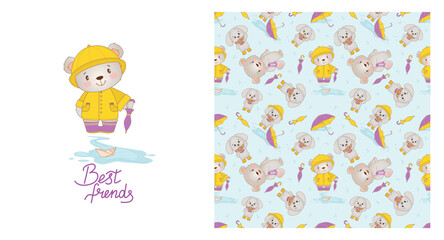 african_pattBaby pattern funny teddy bear in yellow raincoat, baby shower greeting card. Seamless background with teddy bear, cute vector texture for baby bedding, fabric, wallpaper, wrappingern_cards