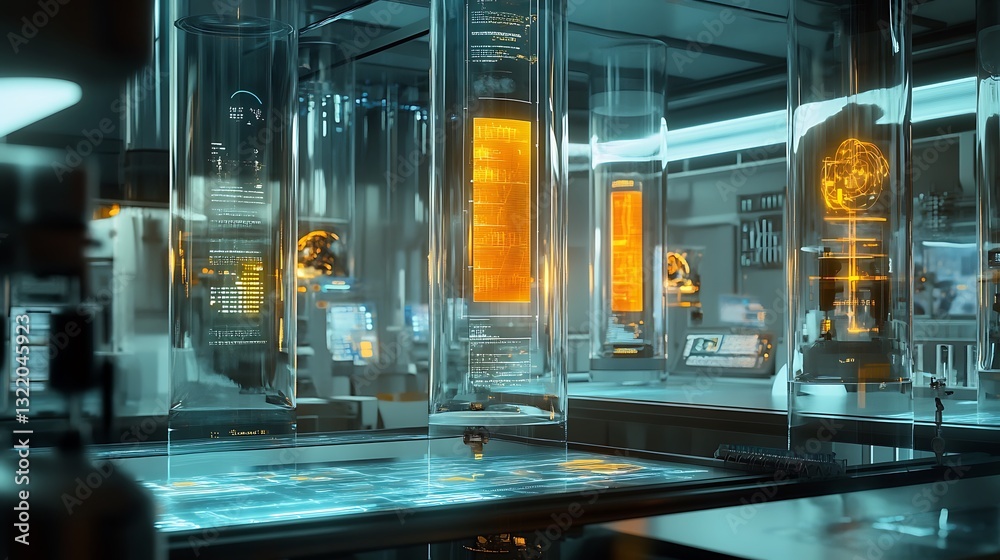 Poster a high-tech laboratory with floating, transparent tubes displaying scientific data and experiments