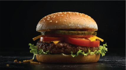 Cheeseburger with cucumber, arugula, and sesame seeds on a dark background.