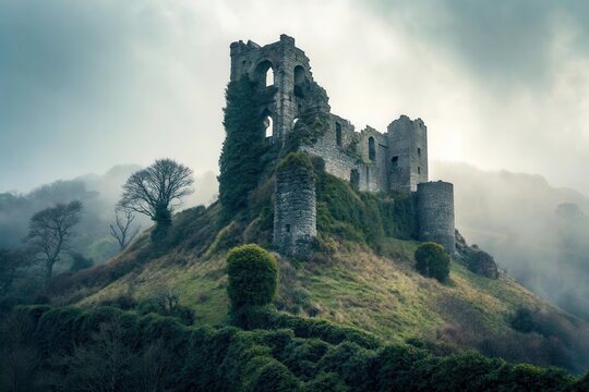 Crumbling Castle Ruin on a Hill in Misty Landscape From Medieval Times Generative AI