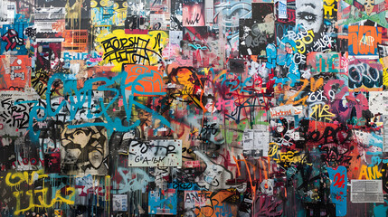 Obraz premium A wall covered in graffiti with a large piece of paper that says 