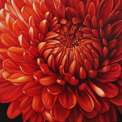 a close-up of a red flower with detailed petals. The petals are arranged in a tight spiral, creating the effect of depth and volume.  