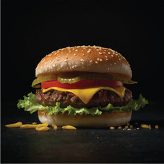 Cheeseburger with cucumber, arugula, and sesame seeds on a dark background.	