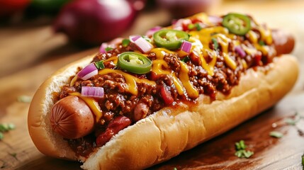 picy gourmet chili dog with savory beef