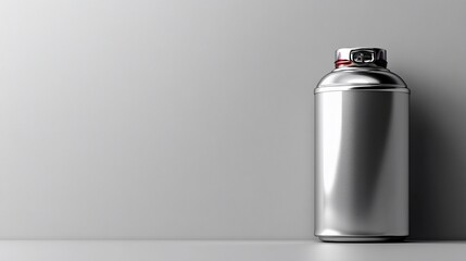 Metal bottle with nozzle on light grey background. Minimalist product shot