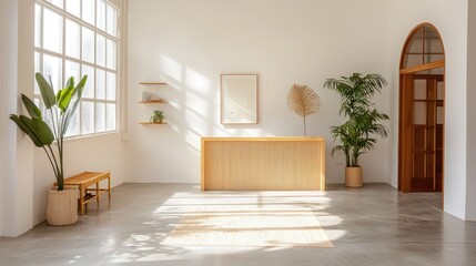 Soft natural light filtering into a minimalist reception space with neutral decor.