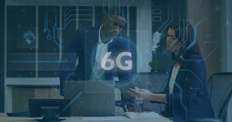 6G technology animation over diverse professionals collaborating in modern office - Powered by Adobe