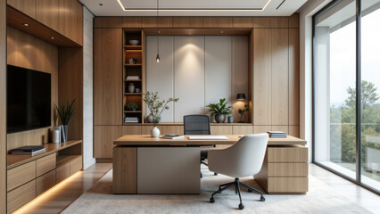 A modern office space with acoustic panels providing sound insulation.
