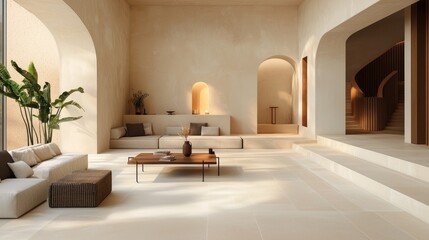 Stylish reception space with beige microcement walls, neutral furniture, and warm lighting.